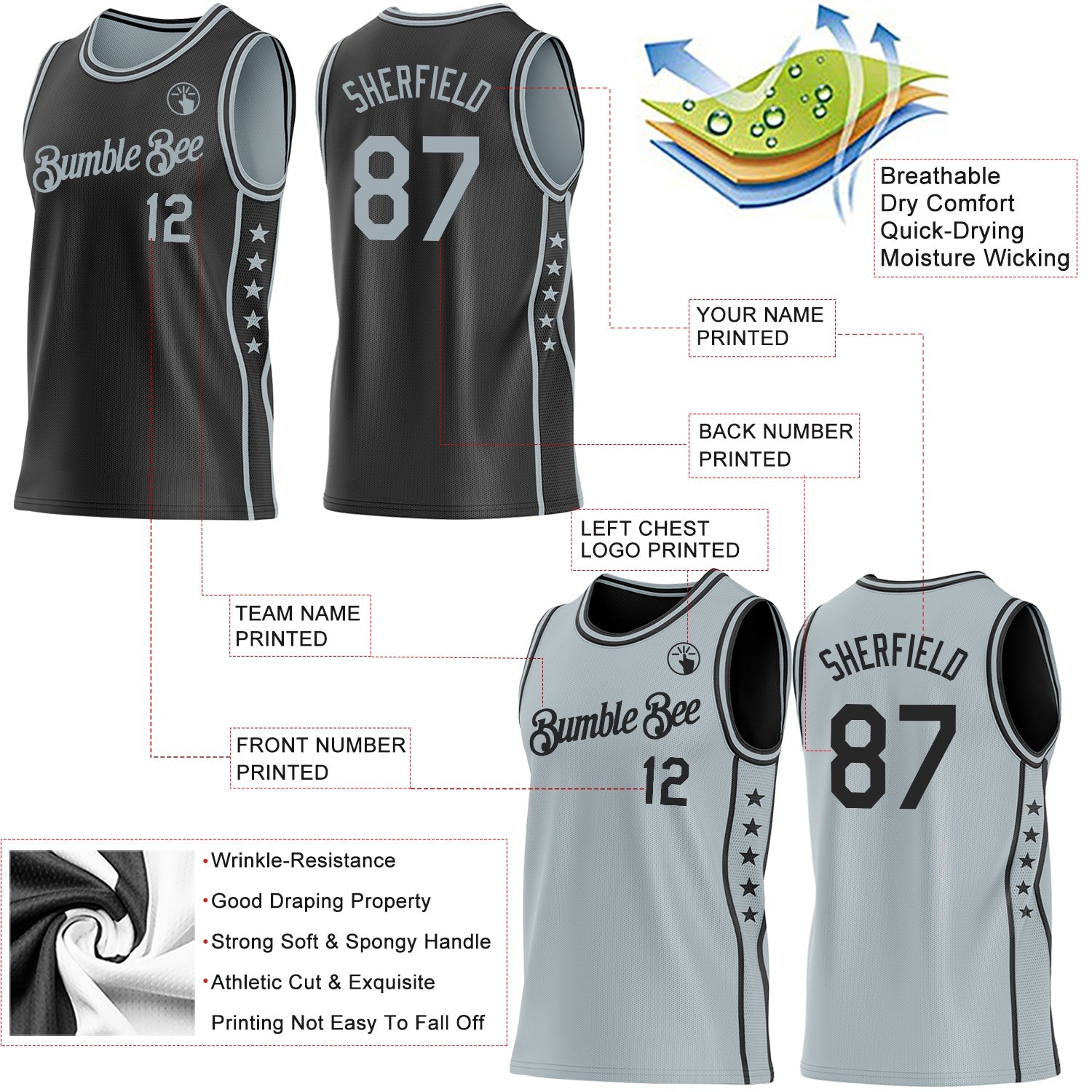 Custom Reversible Black Silver Double Side Star Sublimation Basketball Set Jersey view 5