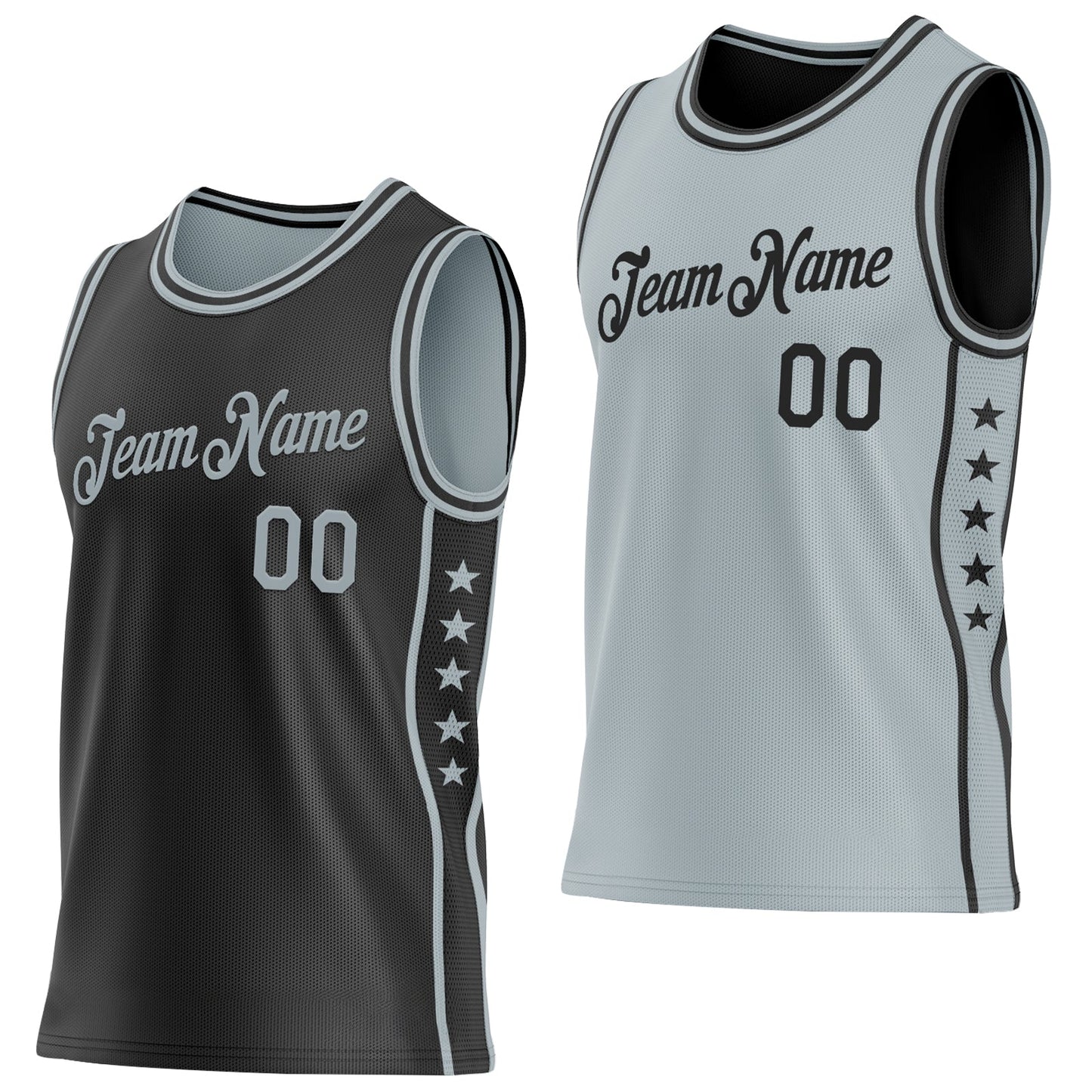 Custom Reversible Black Silver Double Side Star Sublimation Basketball Set Jersey - Main View