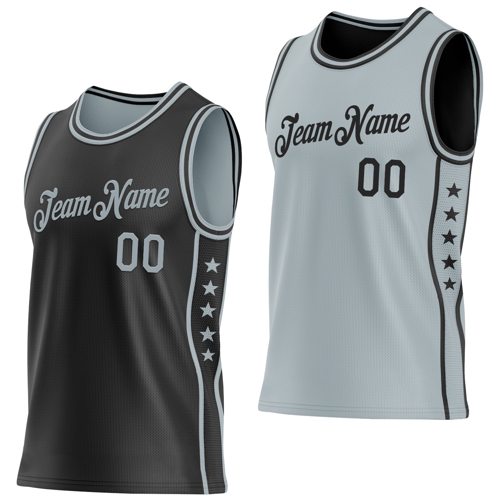 Custom Reversible Black Silver Double Side Star Sublimation Basketball Set Jersey - Main View