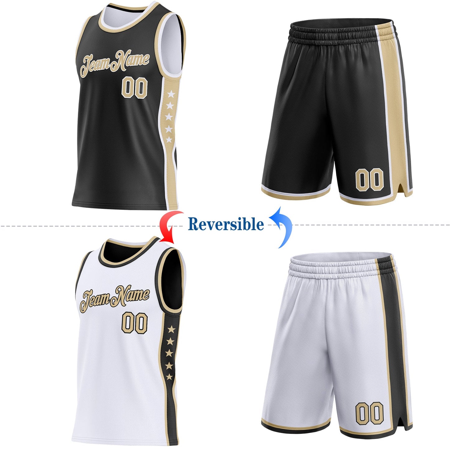 Custom Reversible Black Vegas Gold-White Double Side Star Sublimation Basketball Set Jersey view 2