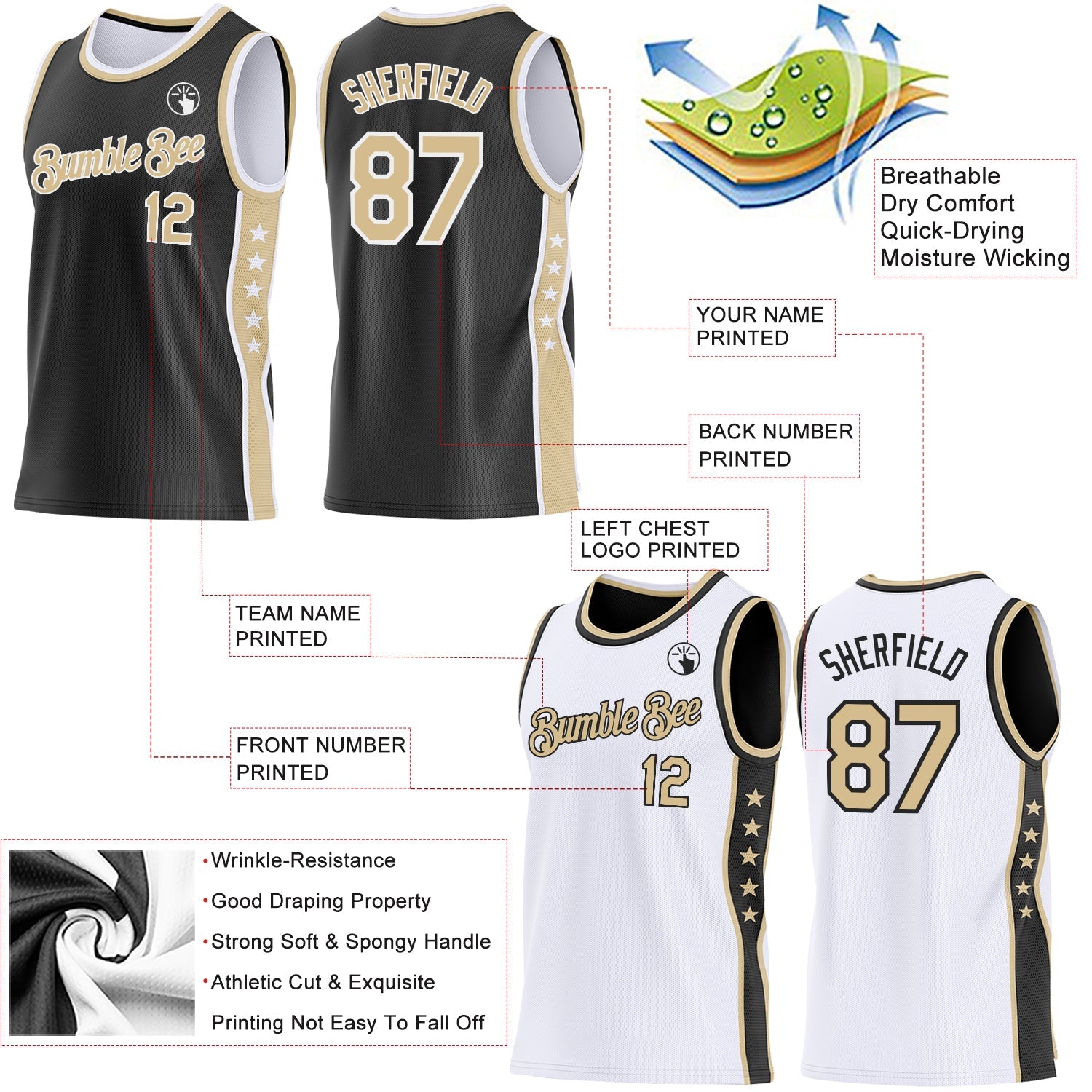 Custom Reversible Black Vegas Gold-White Double Side Star Sublimation Basketball Set Jersey view 5