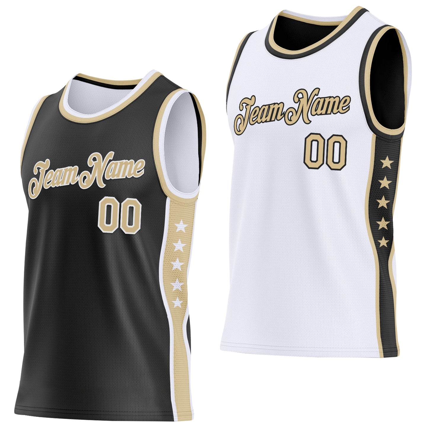 Custom Reversible Black Vegas Gold-White Double Side Star Sublimation Basketball Set Jersey - Main View