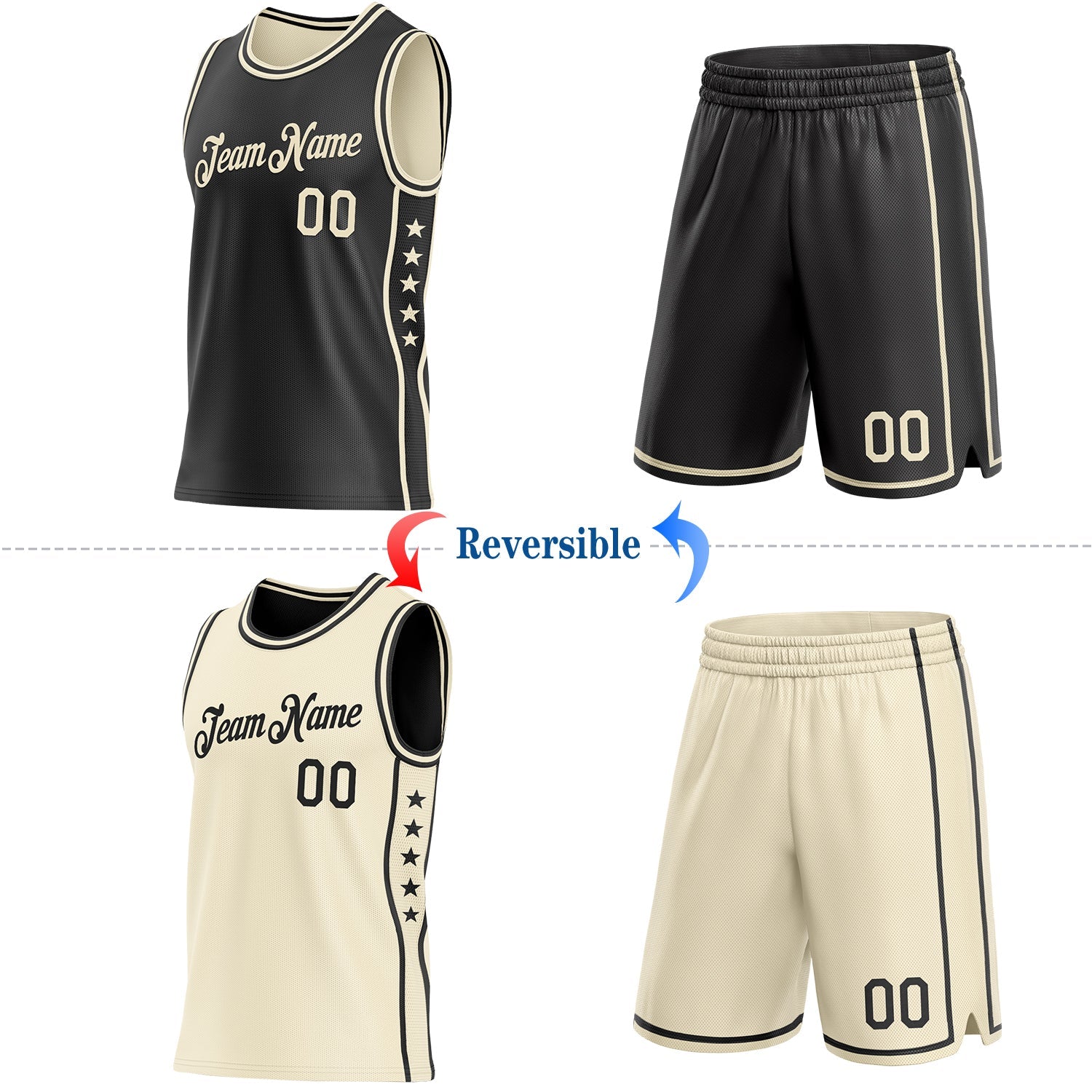 Custom Reversible Black Cream Double Side Star Sublimation Basketball Set Jersey view 2
