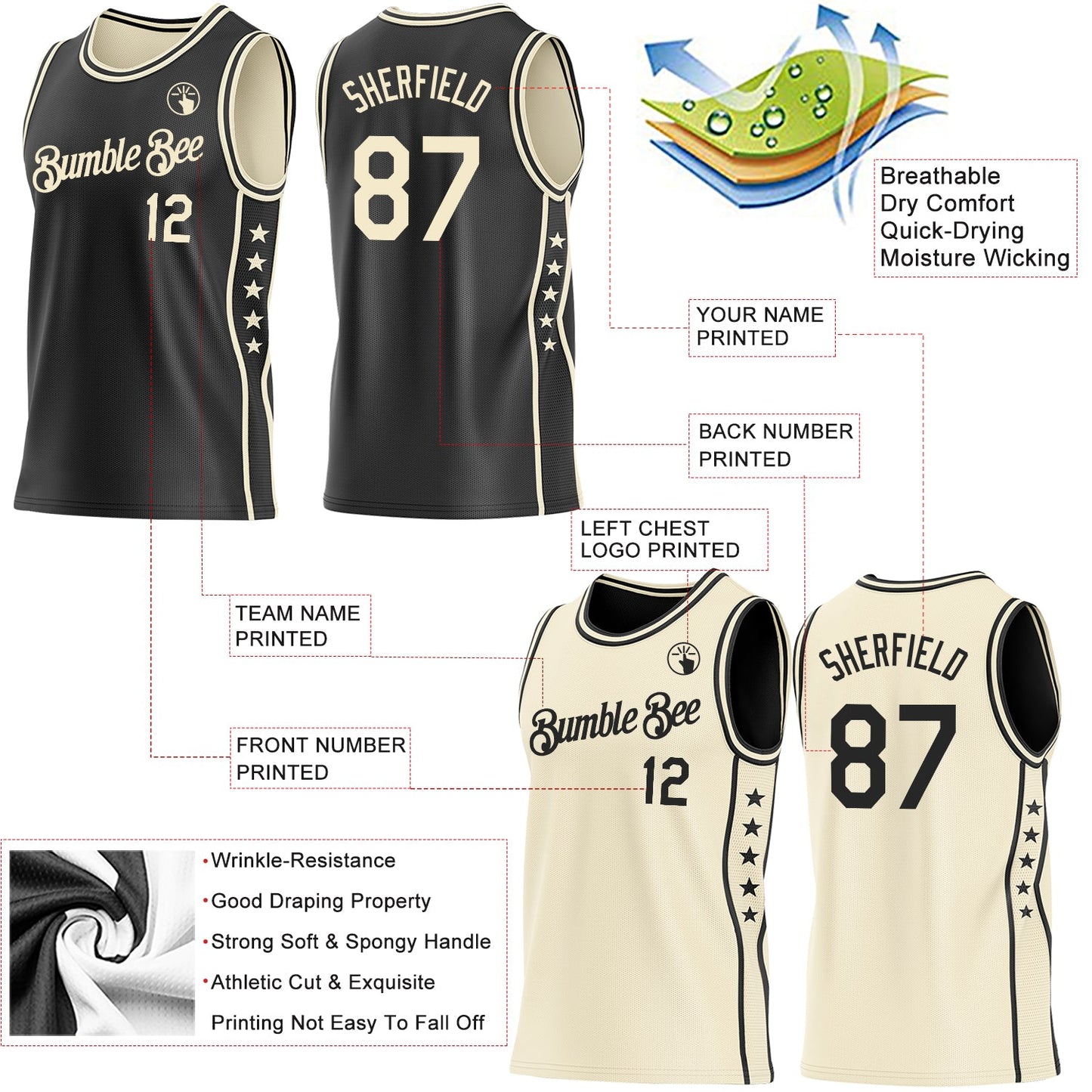 Custom Reversible Black Cream Double Side Star Sublimation Basketball Set Jersey view 5