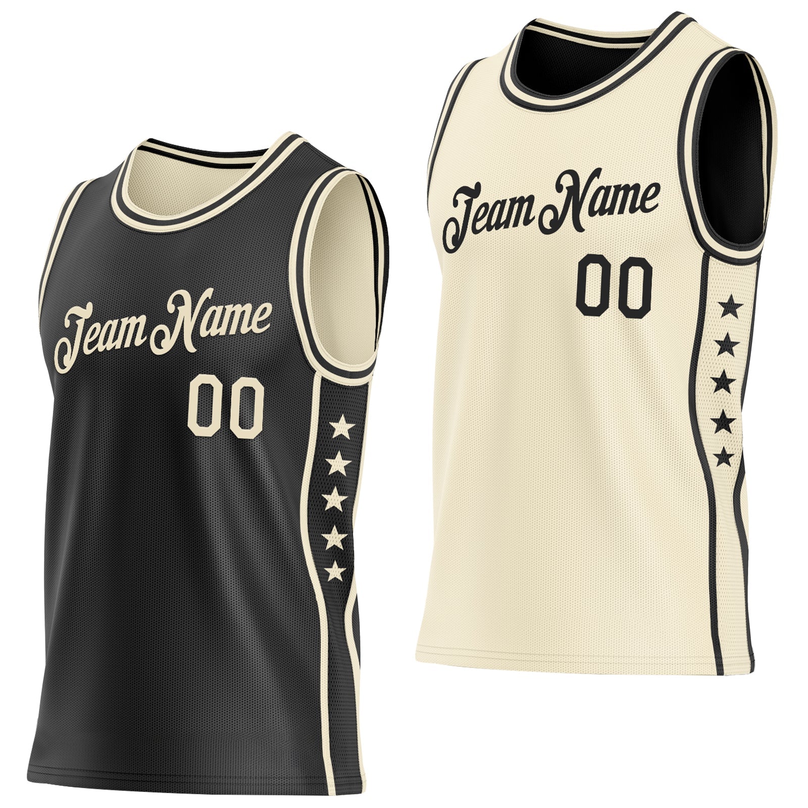 Custom Reversible Black Cream Double Side Star Sublimation Basketball Set Jersey - Main View