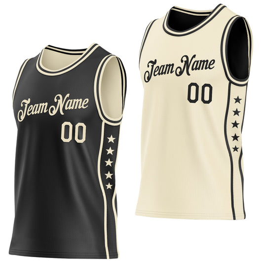 Custom Reversible Black Cream Double Side Star Sublimation Basketball Set Jersey - Main View