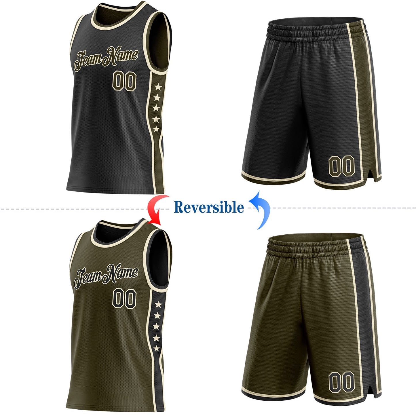 Custom Reversible Black Olive-Cream Double Side Star Sublimation Basketball Set Jersey view 2