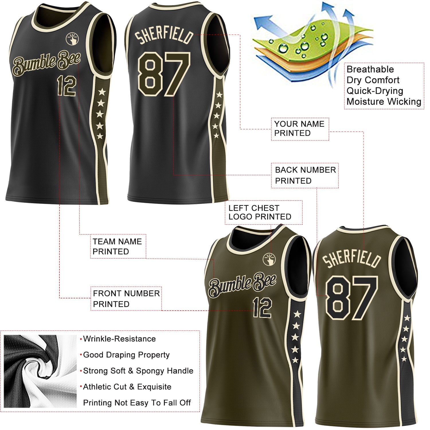 Custom Reversible Black Olive-Cream Double Side Star Sublimation Basketball Set Jersey view 5