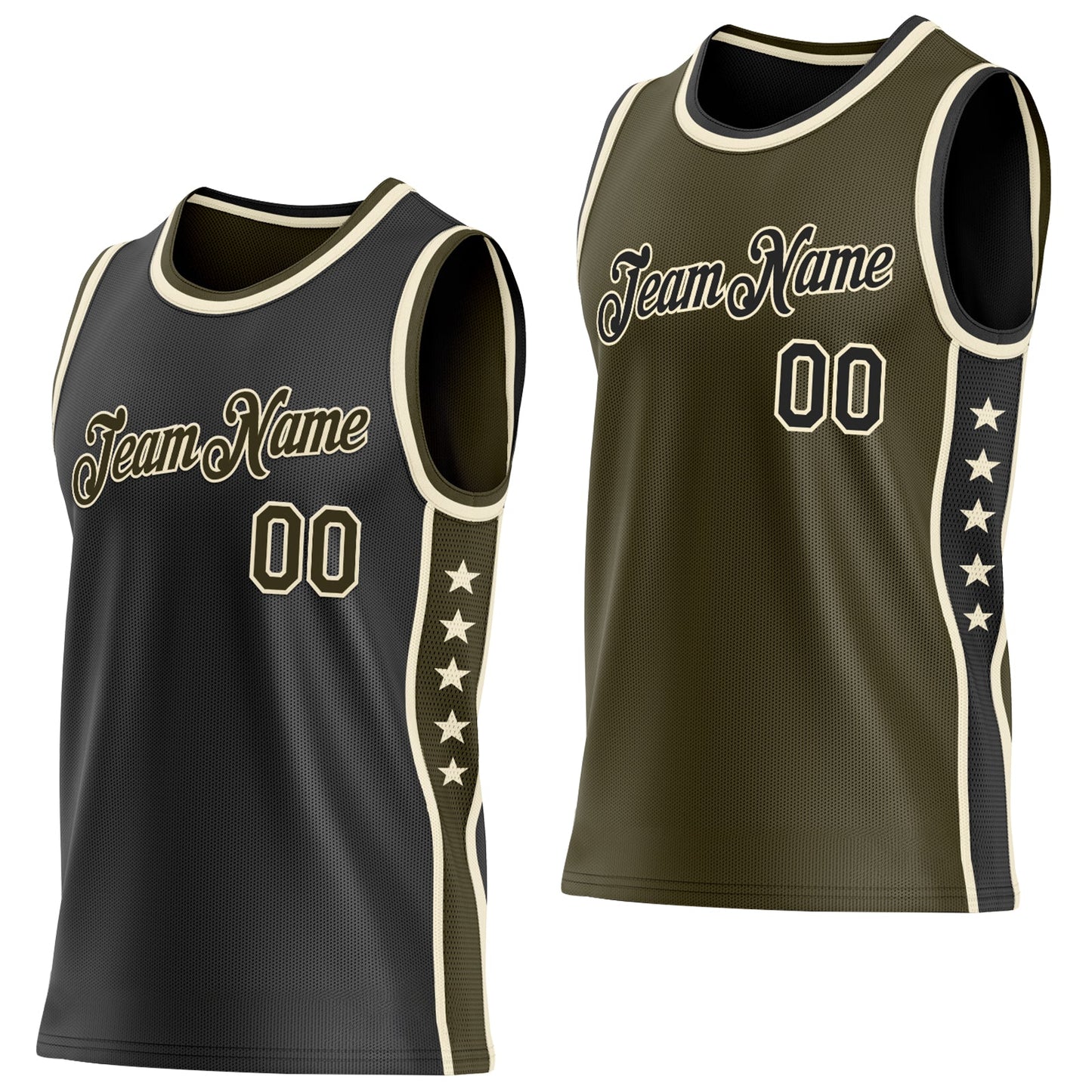 Custom Reversible Black Olive-Cream Double Side Star Sublimation Basketball Set Jersey - Main View