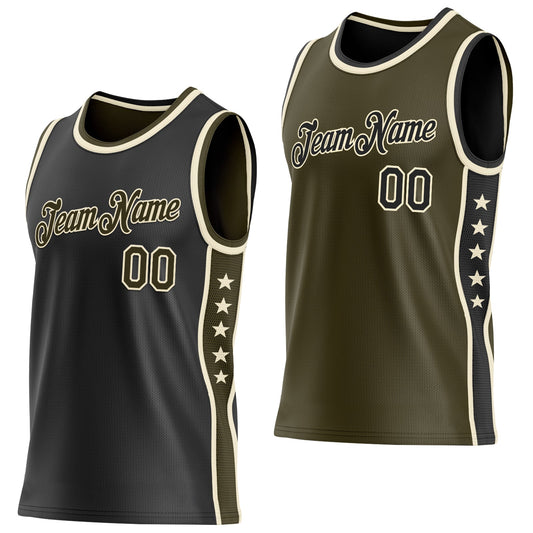 Custom Reversible Black Olive-Cream Double Side Star Sublimation Basketball Set Jersey - Main View