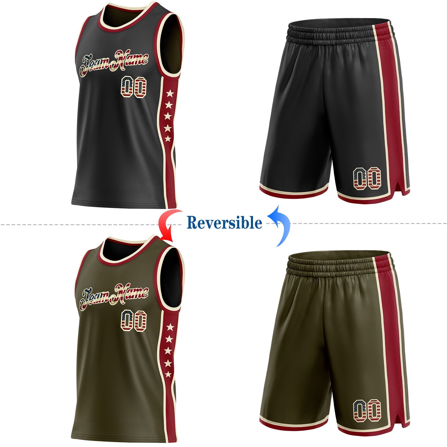 Custom Reversible Black Vintage USA Flag-Cream Double Side Star Sublimation Basketball Set Jersey view 2