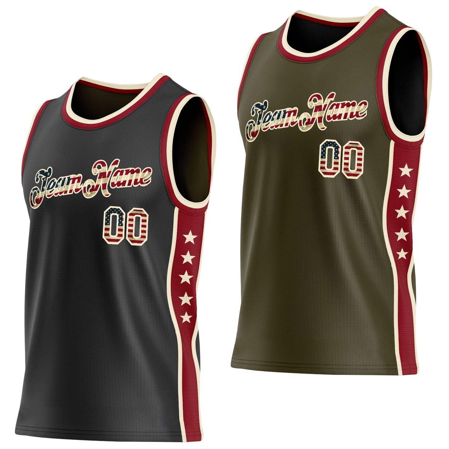 Custom Reversible Black Vintage USA Flag-Cream Double Side Star Sublimation Basketball Set Jersey - Main View