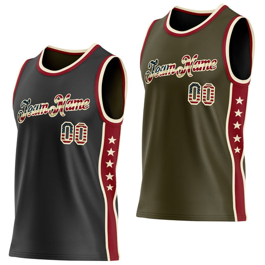 Custom Reversible Black Vintage USA Flag-Cream Double Side Star Sublimation Basketball Set Jersey - Main View