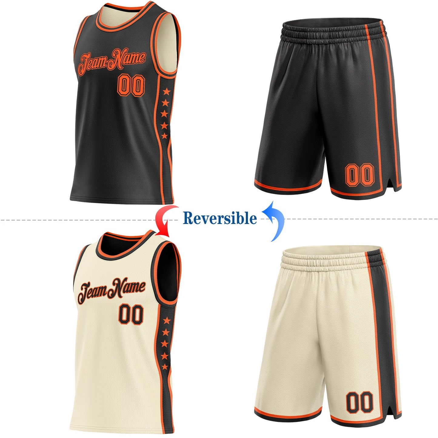 Custom Reversible Black Orange Double Side Star Sublimation Basketball Set Jersey view 2