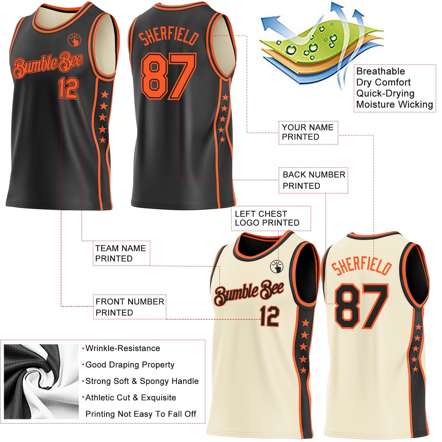Custom Reversible Black Orange Double Side Star Sublimation Basketball Set Jersey view 5
