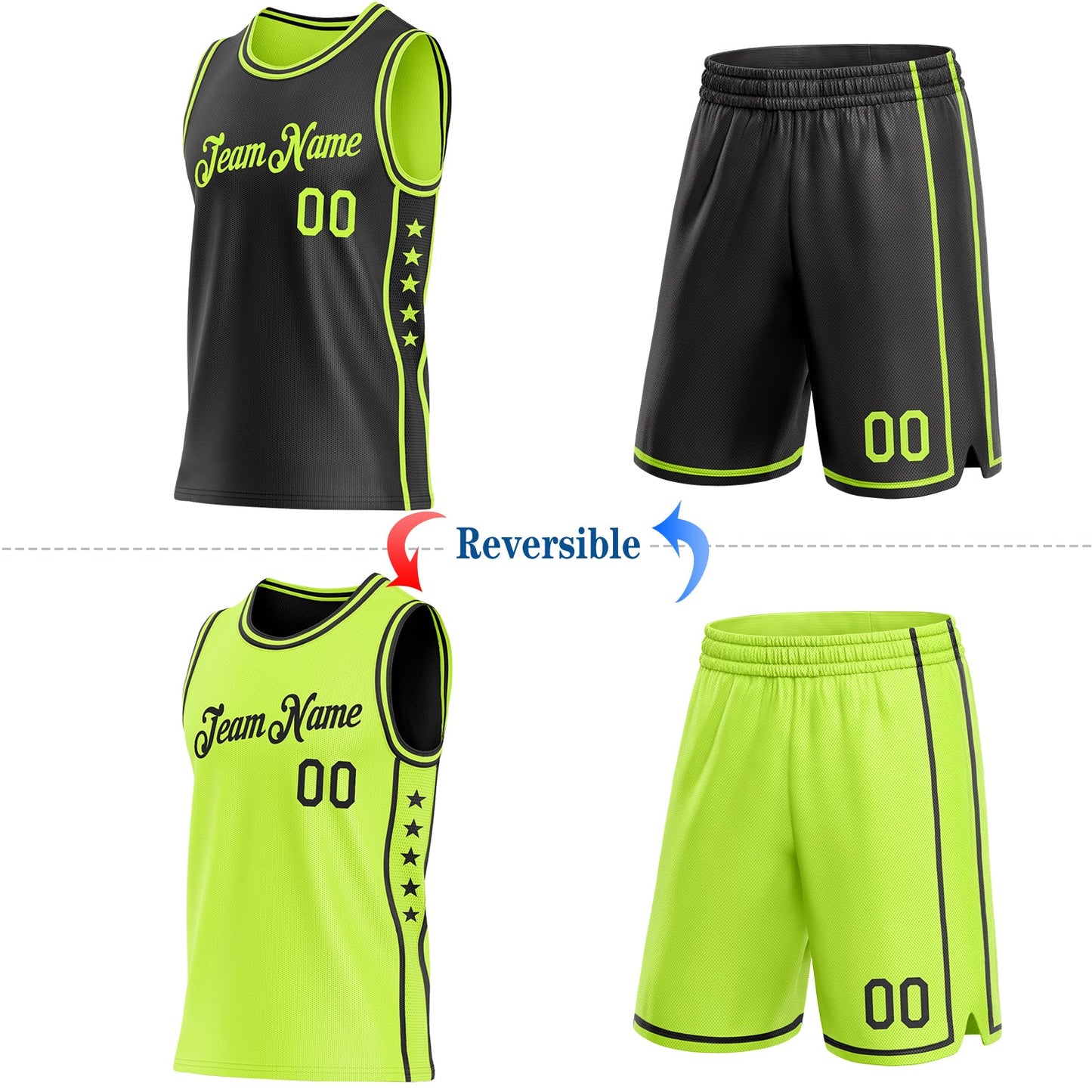 Custom Reversible Black Neon Green Double Side Star Sublimation Basketball Set Jersey view 2
