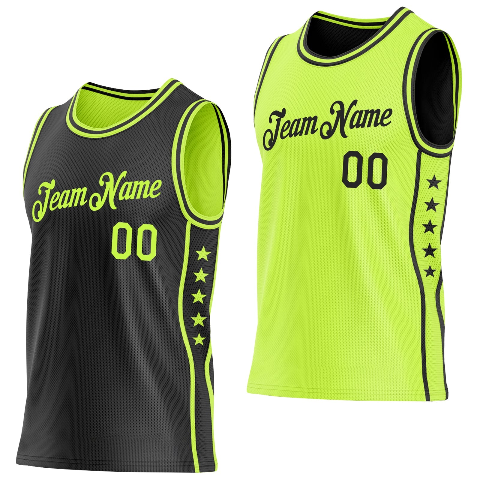 Custom Reversible Black Neon Green Double Side Star Sublimation Basketball Set Jersey - Main View