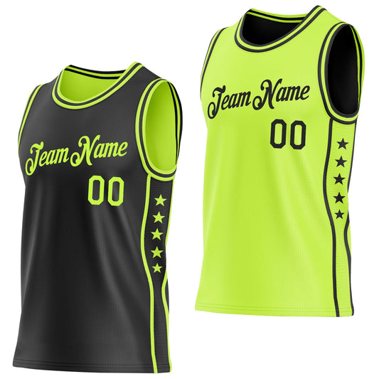 Custom Reversible Black Neon Green Double Side Star Sublimation Basketball Set Jersey - Main View