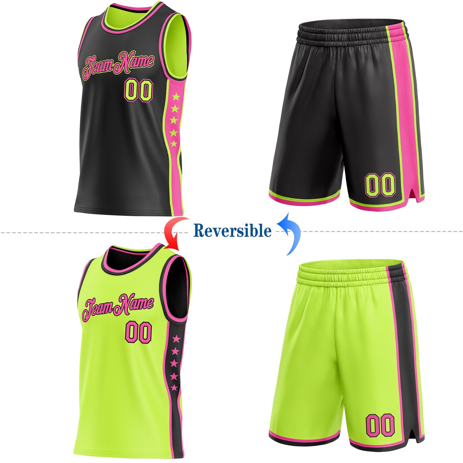 Custom Reversible Black Neon Green-Pink Double Side Star Sublimation Basketball Set Jersey view 2