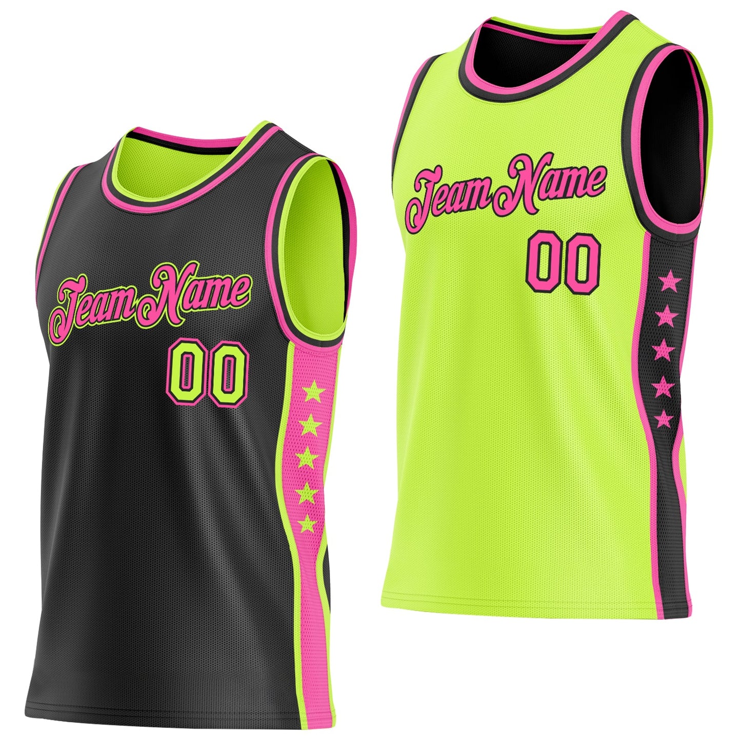 Custom Reversible Black Neon Green-Pink Double Side Star Sublimation Basketball Set Jersey - Main View