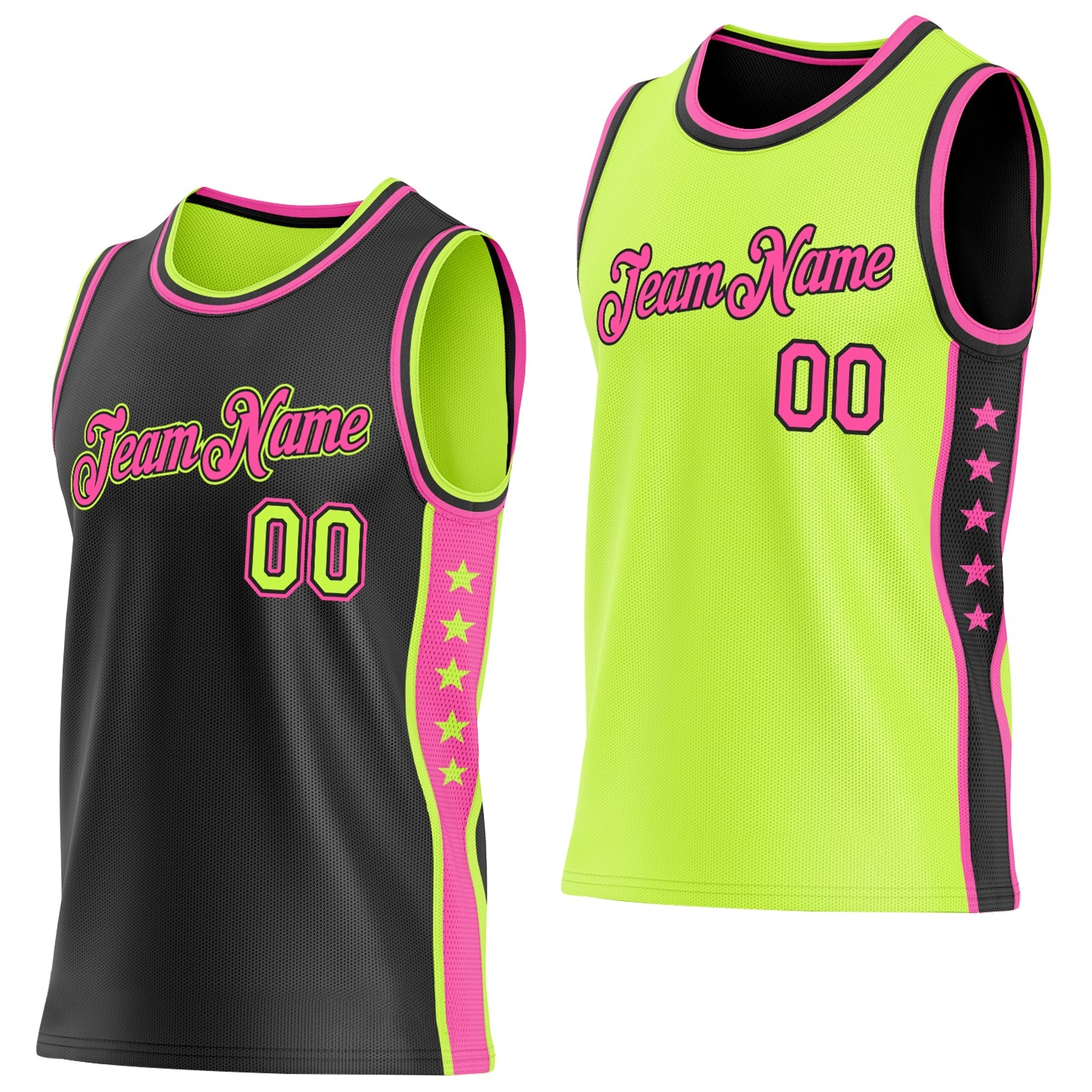 Custom Reversible Black Neon Green-Pink Double Side Star Sublimation Basketball Set Jersey - Main View