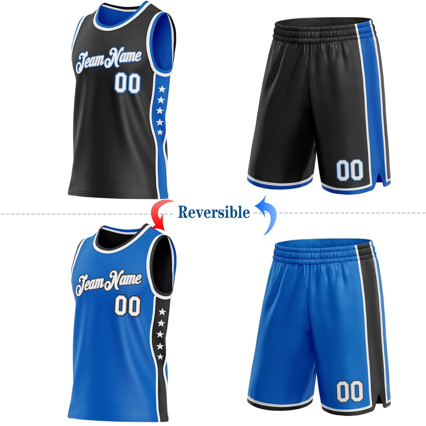 Custom Reversible Black White-Blue Double Side Star Sublimation Basketball Set Jersey view 2