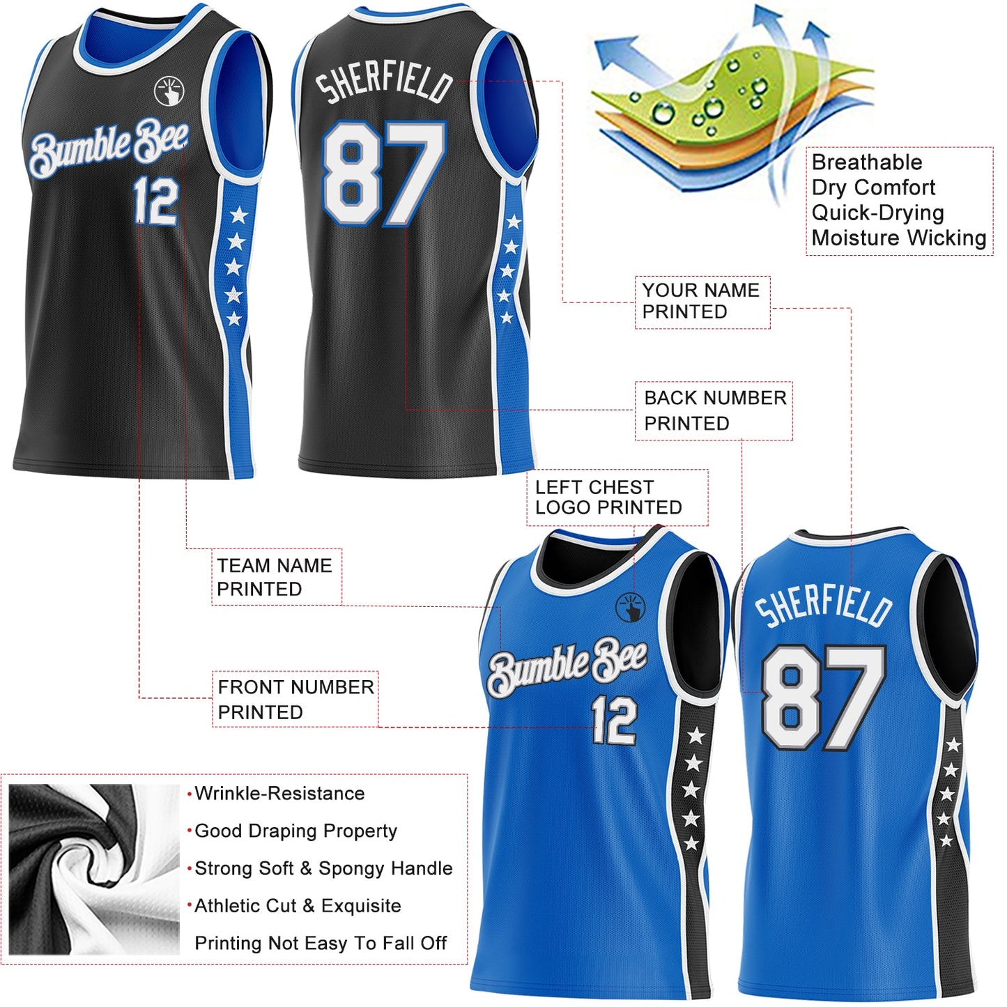 Custom Reversible Black White-Blue Double Side Star Sublimation Basketball Set Jersey view 5