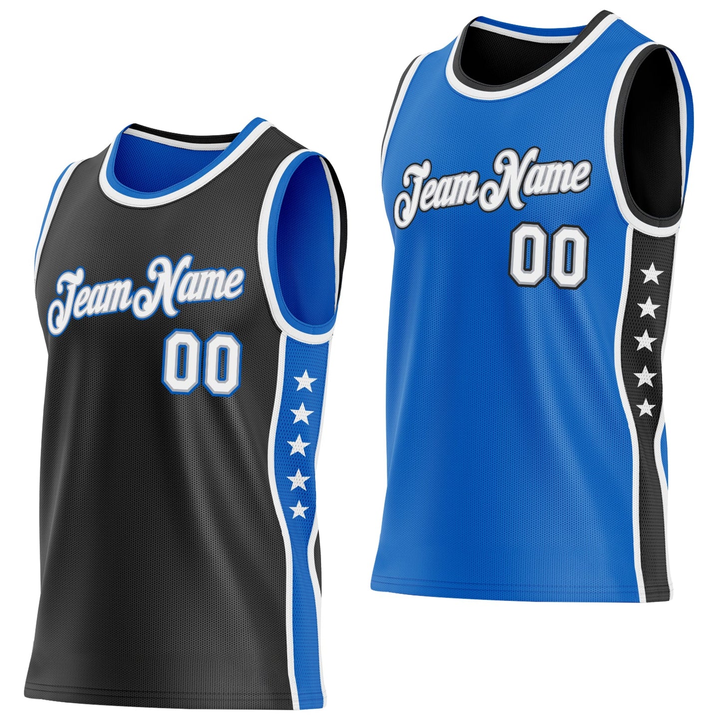 Custom Reversible Black White-Blue Double Side Star Sublimation Basketball Set Jersey - Main View