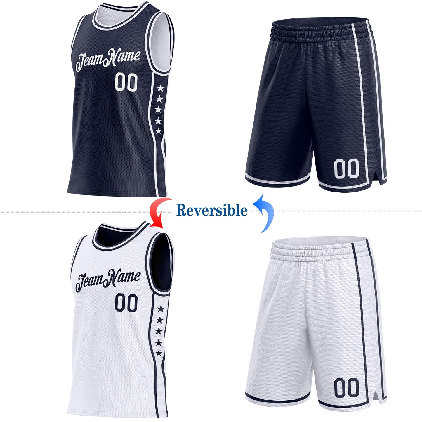 Custom Reversible Navy White Double Side Star Sublimation Basketball Set Jersey view 2