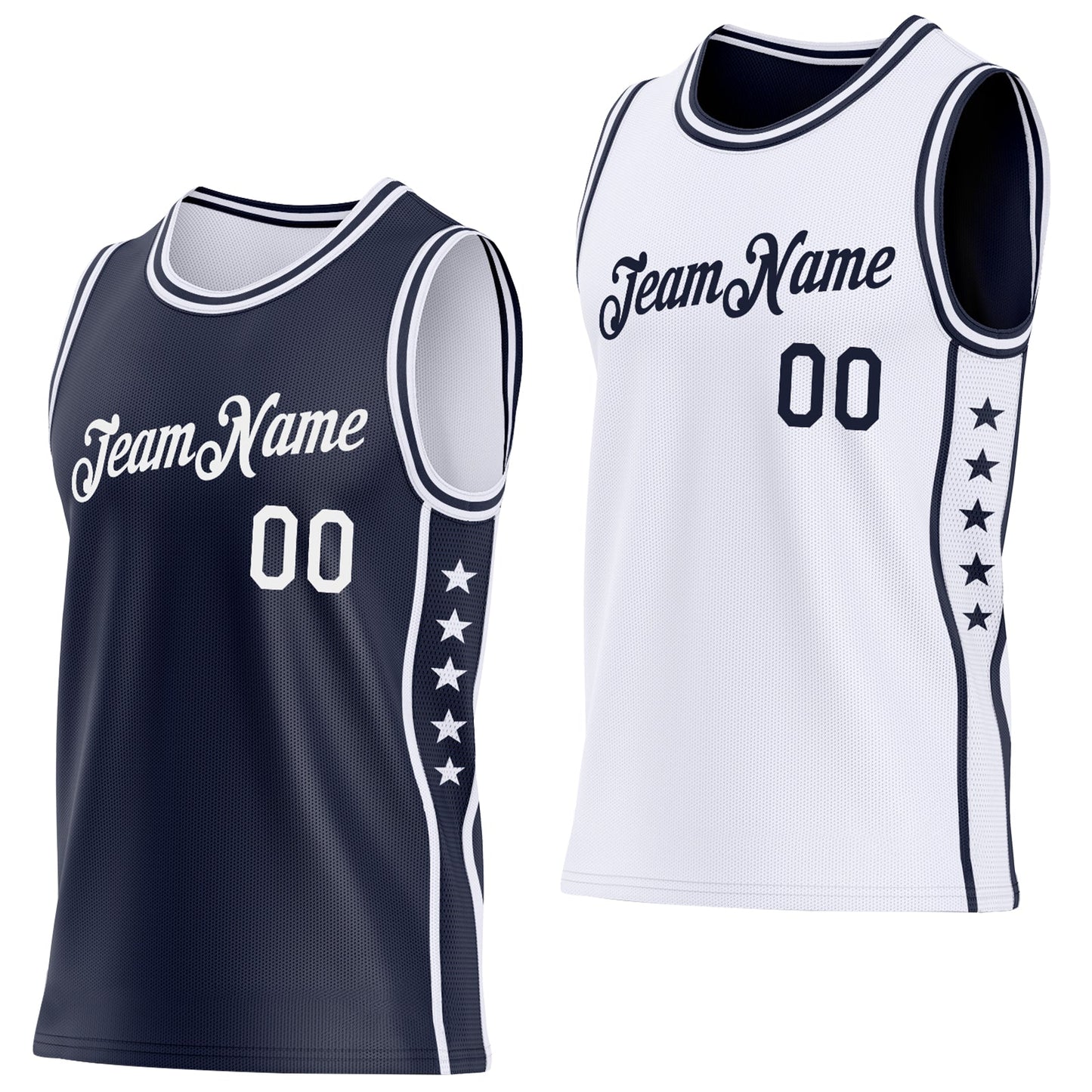 Custom Reversible Navy White Double Side Star Sublimation Basketball Set Jersey - Main View