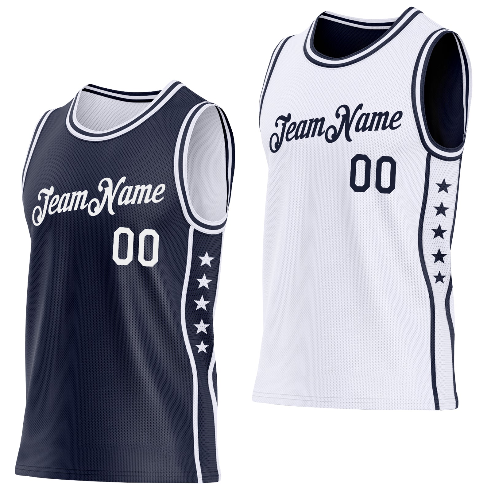 Custom Reversible Navy White Double Side Star Sublimation Basketball Set Jersey - Main View