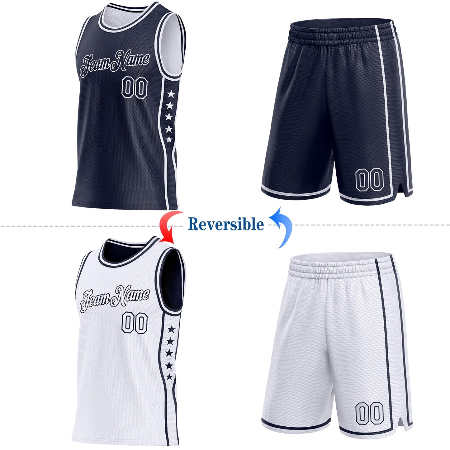 Custom Reversible Navy White Double Side Star Sublimation Basketball Set Jersey view 2