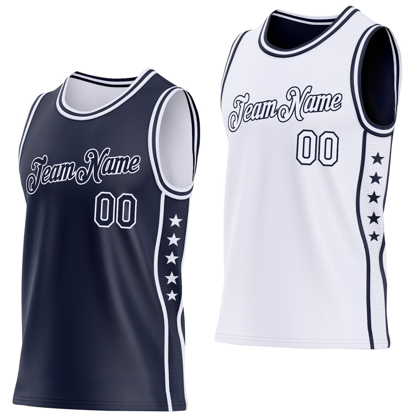 Custom Reversible Navy White Double Side Star Sublimation Basketball Set Jersey - Main View