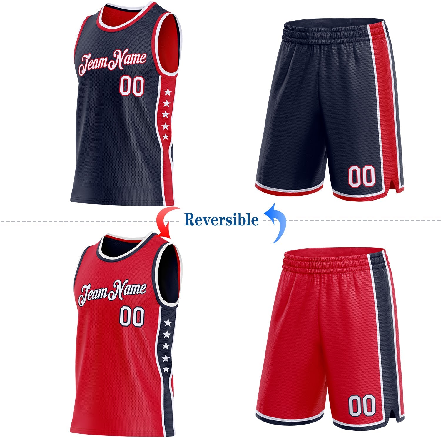 Custom Reversible Navy White-Red Double Side Star Sublimation Basketball Set Jersey view 2