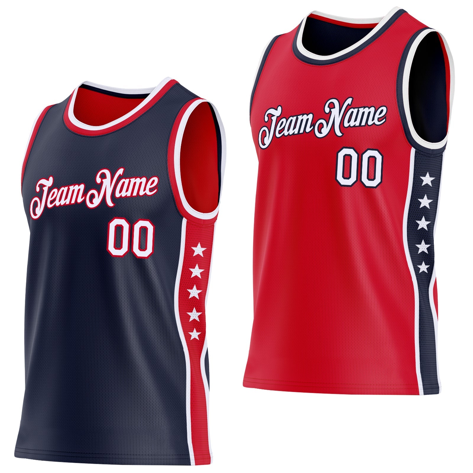 Custom Reversible Navy White-Red Double Side Star Sublimation Basketball Set Jersey - Main View