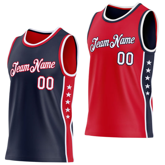 Custom Reversible Navy White-Red Double Side Star Sublimation Basketball Set Jersey - Main View