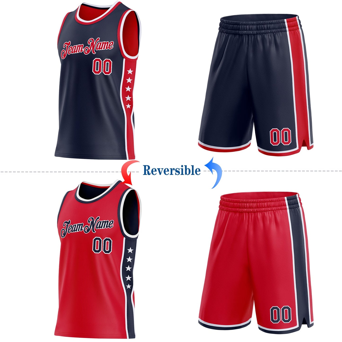 Custom Reversible Navy Red-White Double Side Star Sublimation Basketball Set Jersey view 2