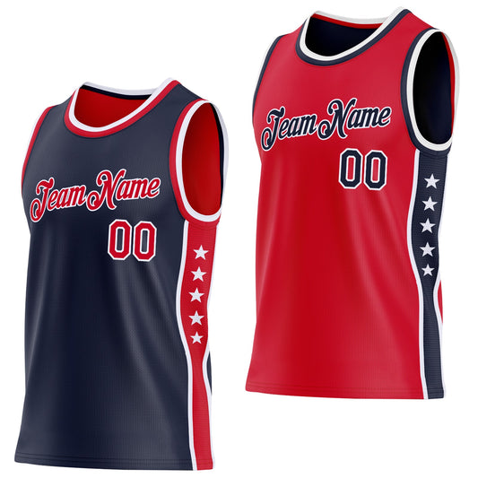 Custom Reversible Navy Red-White Double Side Star Sublimation Basketball Set Jersey - Main View