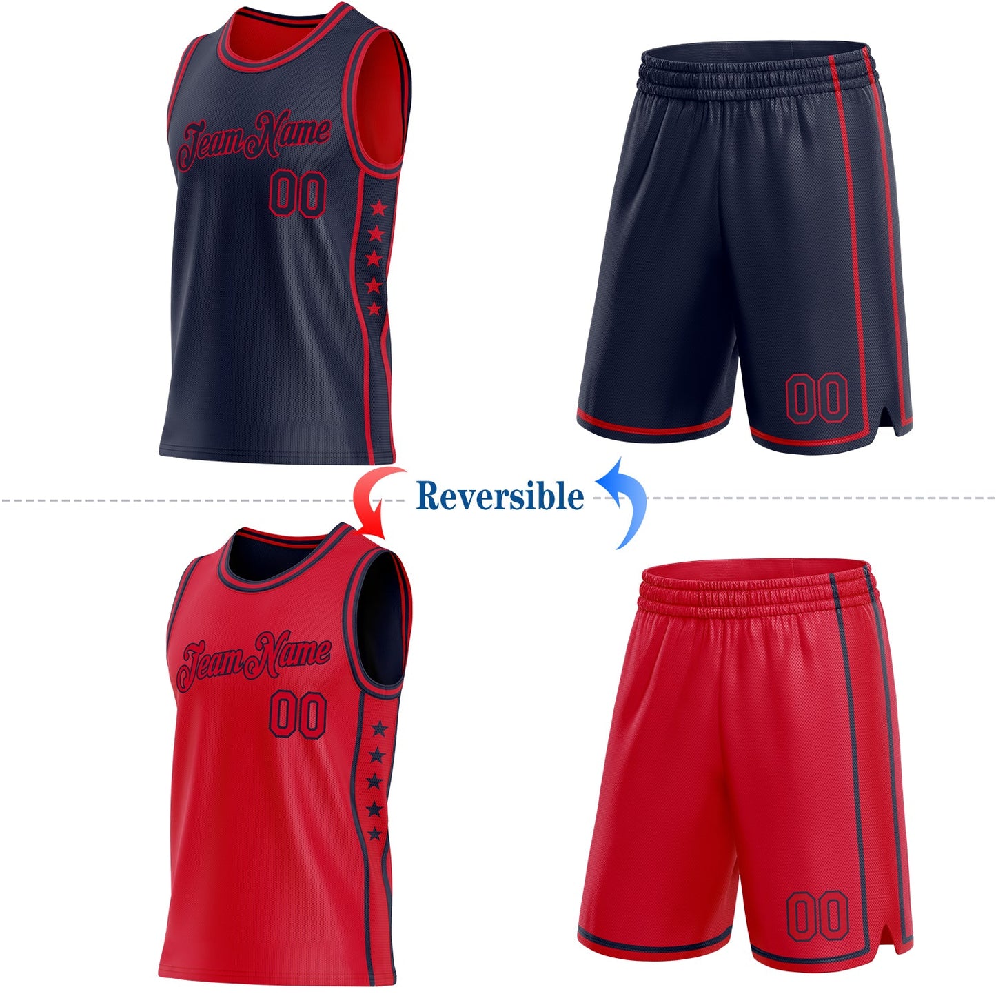 Custom Reversible Navy Red Double Side Star Sublimation Basketball Set Jersey view 2