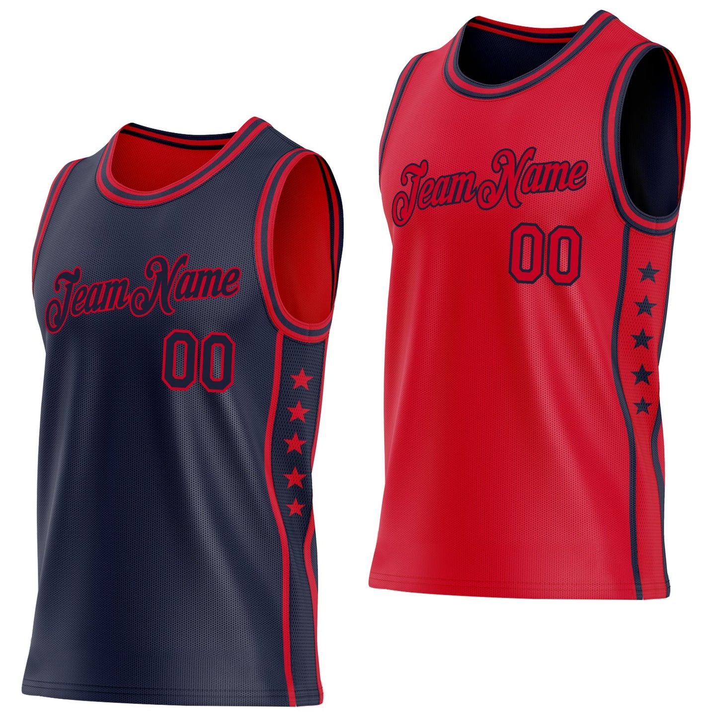 Custom Reversible Navy Red Double Side Star Sublimation Basketball Set Jersey - Main View