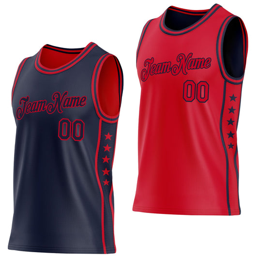 Custom Reversible Navy Red Double Side Star Sublimation Basketball Set Jersey - Main View