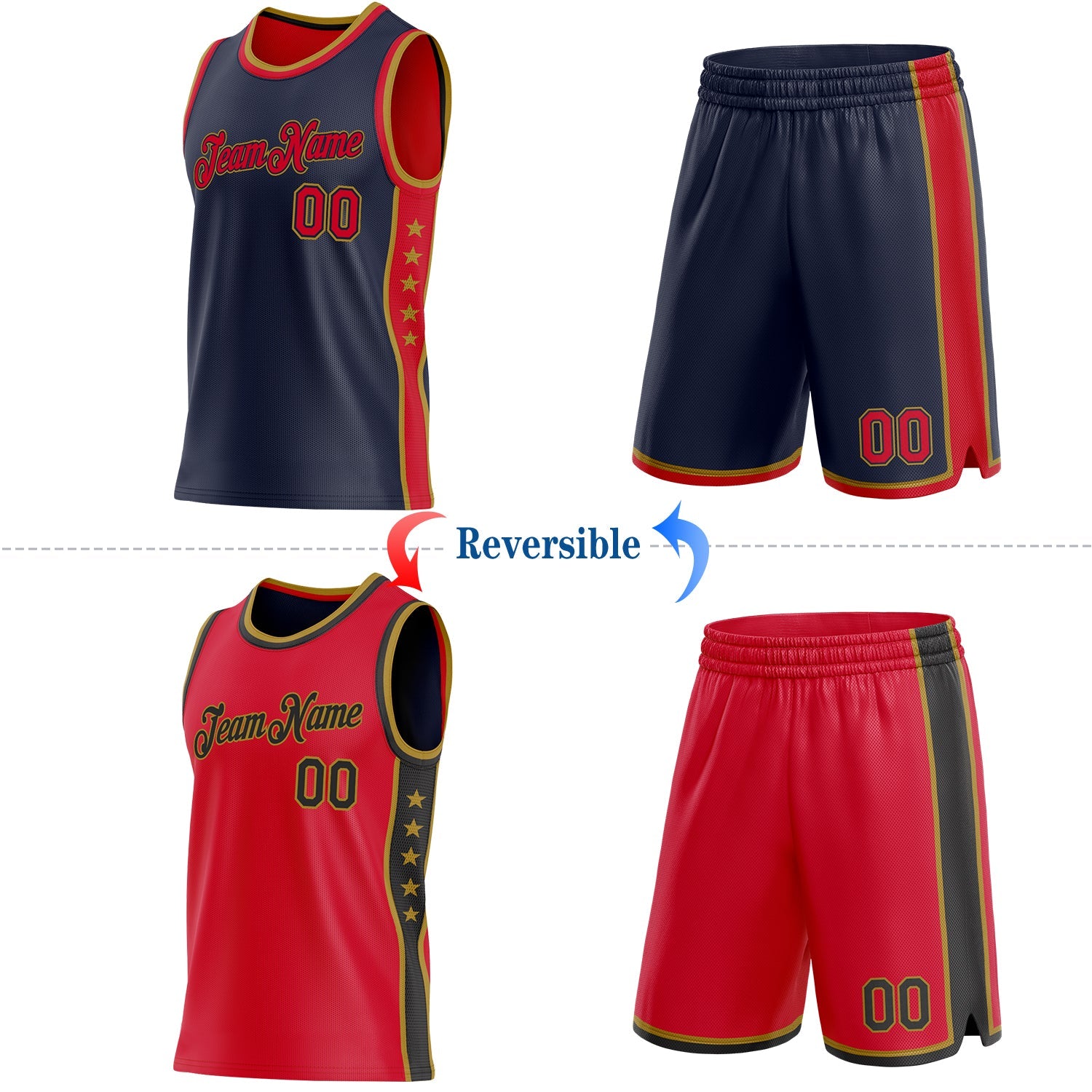 Custom Reversible Navy Red-Old Gold Double Side Star Sublimation Basketball Set Jersey view 2