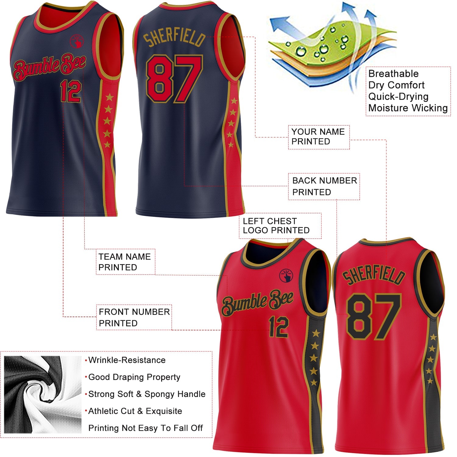 Custom Reversible Navy Red-Old Gold Double Side Star Sublimation Basketball Set Jersey view 5