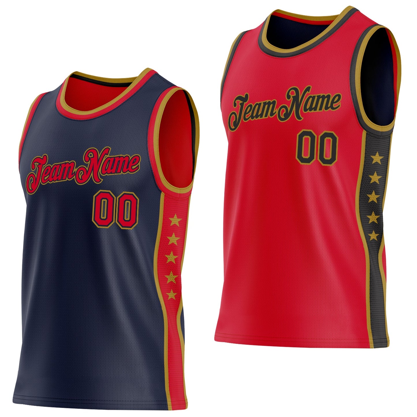 Custom Reversible Navy Red-Old Gold Double Side Star Sublimation Basketball Set Jersey - Main View