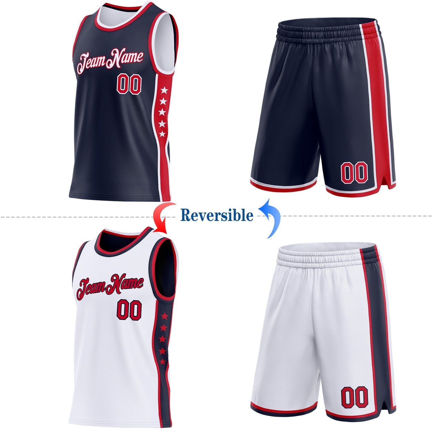 Custom Reversible Navy Red-White Double Side Star Sublimation Basketball Set Jersey view 2