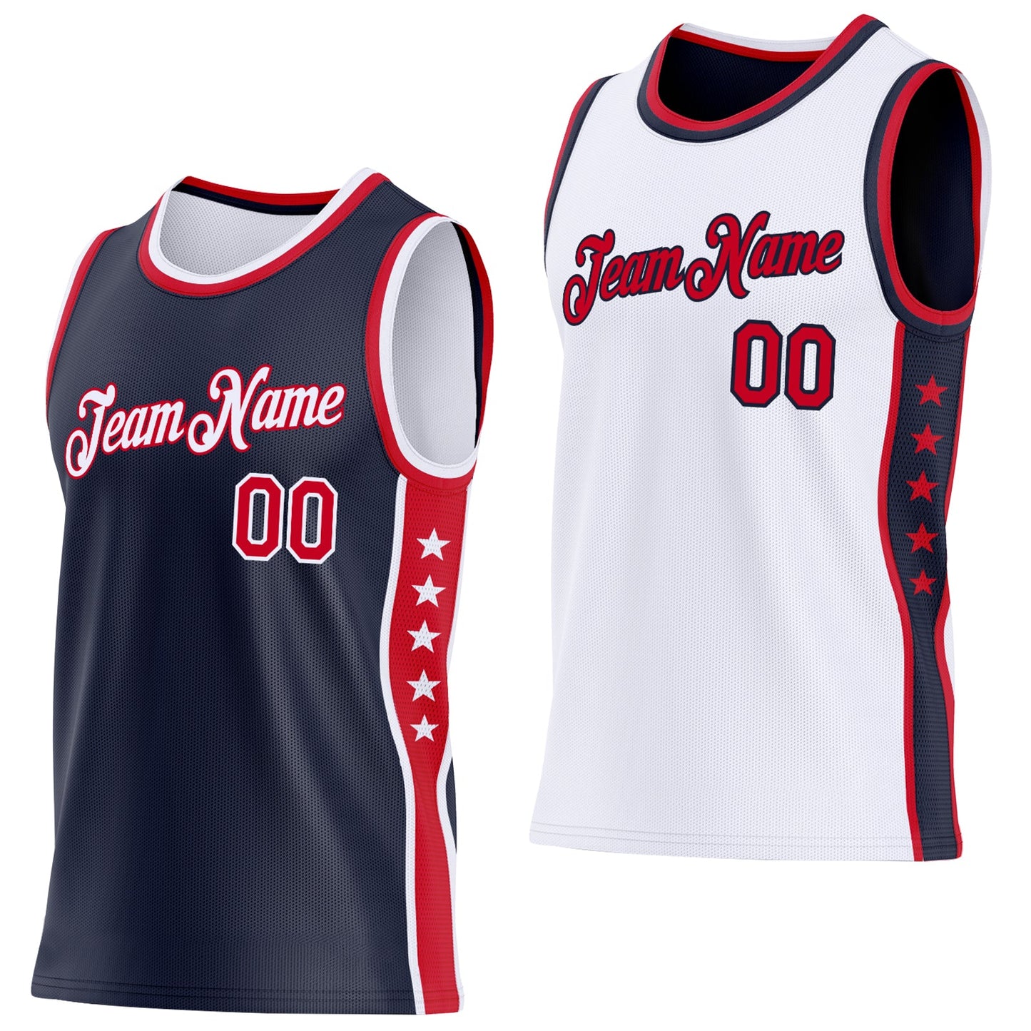 Custom Reversible Navy Red-White Double Side Star Sublimation Basketball Set Jersey - Main View