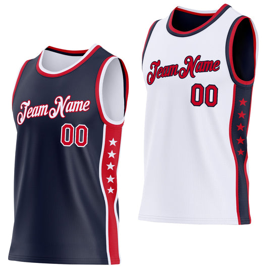 Custom Reversible Navy Red-White Double Side Star Sublimation Basketball Set Jersey - Main View