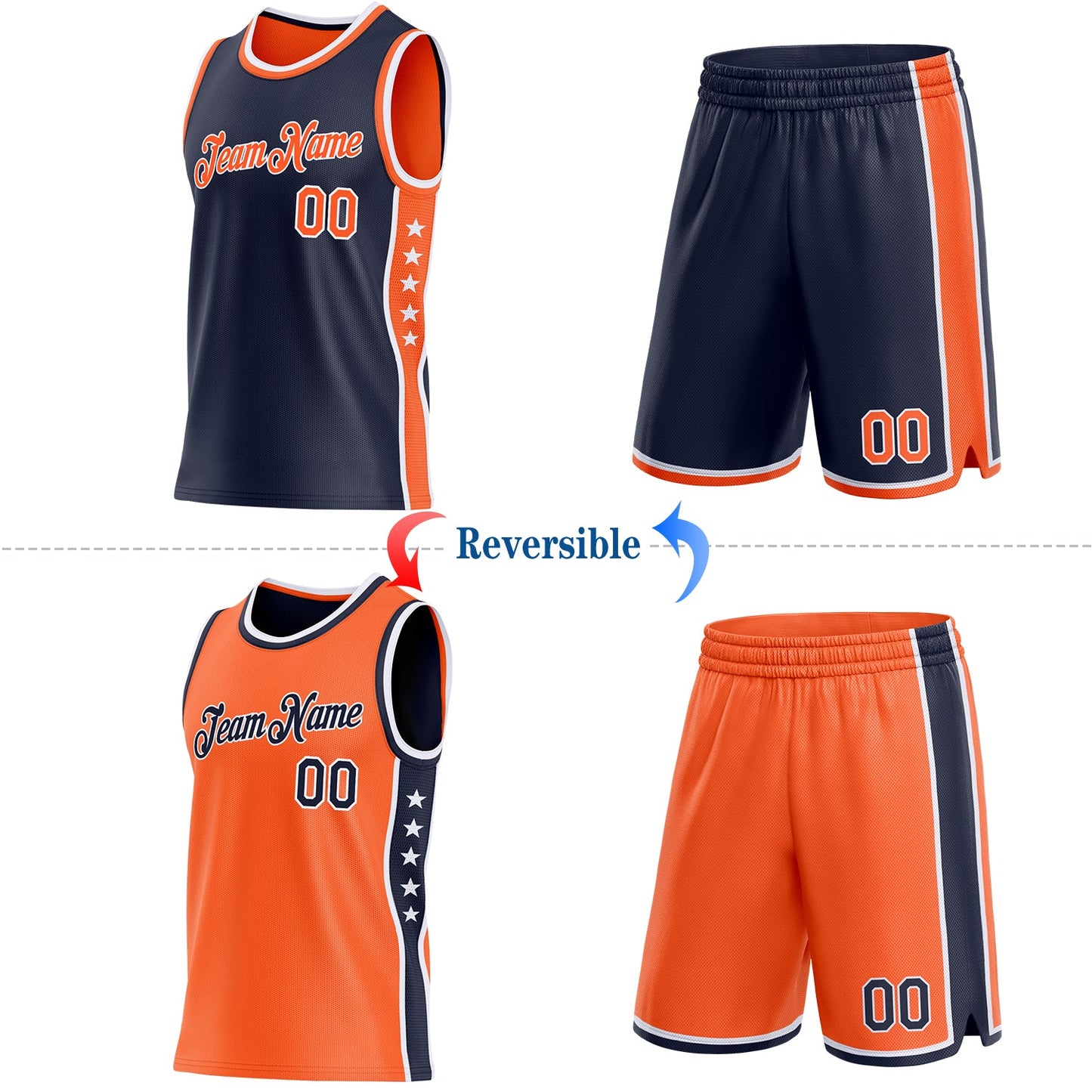 Custom Reversible Navy Orange-White Double Side Star Sublimation Basketball Set Jersey view 2