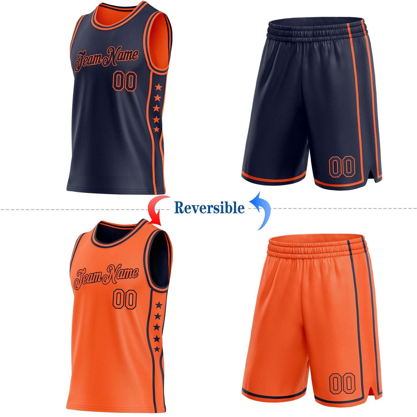 Custom Reversible Navy Orange Double Side Star Sublimation Basketball Set Jersey view 2