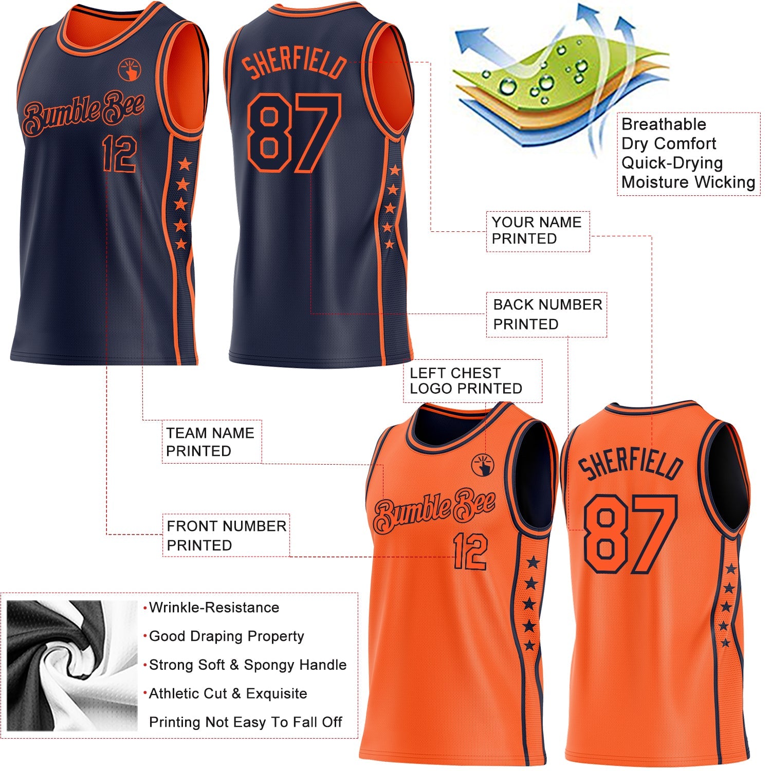 Custom Reversible Navy Orange Double Side Star Sublimation Basketball Set Jersey view 5